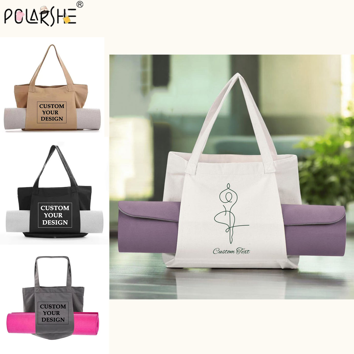 Yoga Mat Bag Carrier - カスタムヨガマットトートバッグ、パーソナライズされたキャンバスピラティスバッグ、ヨガマットキャリア、女性用キャンバストート、ショルダーストラップ付き、スポーツや仕事に