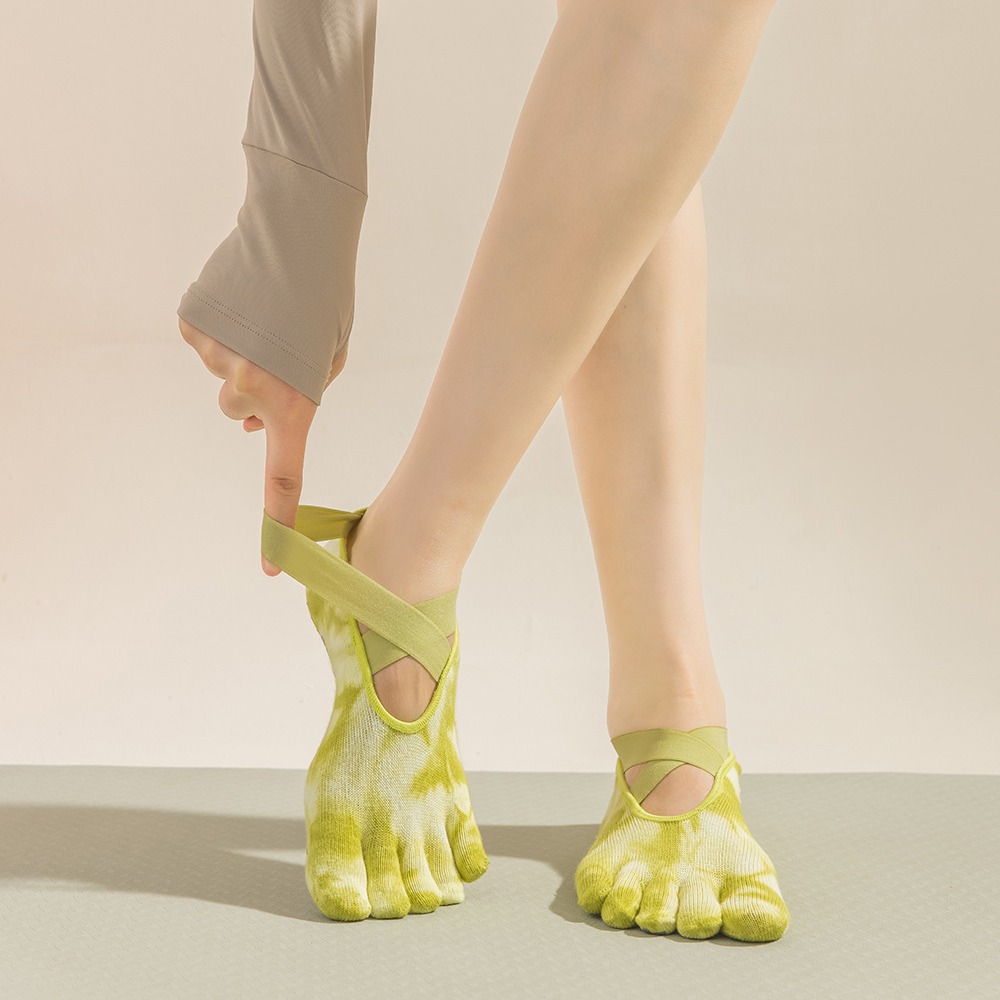 Pilates Yoga Grip Socks - タイダイ柄の女性用5本指グリップソックス、ヨガ、ピラティス、ワークアウト用、分割つま先の滑り止めコットンストラップソックス、バレスタジオ用