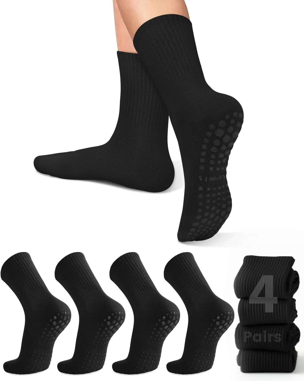 Pilates Yoga Grip Socks - 女性用ヨガソックス4足、ソリッドカラーのミッドソール滑り止めグリップ付きヨガピラティスバレエソックス