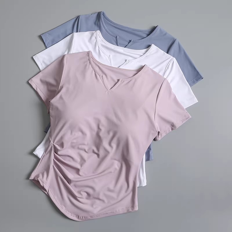 Pilates Yoga Wrap Top - レディースヨガトップス 胸パッド付き 夏用ピラティス トレーニング フィットネス 半袖Tシャツ