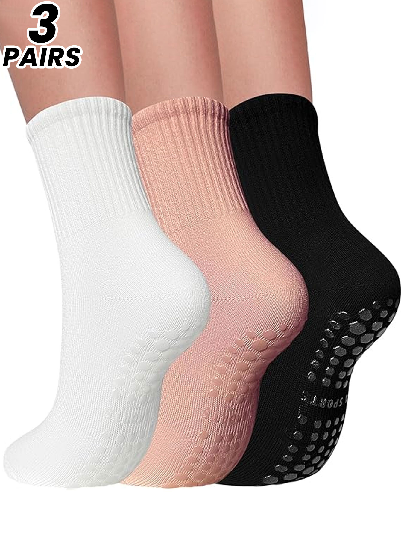 Pilates Yoga Grip Socks - 女性用プロフェッショナルヨガソックス3足組、屋内大人用スポーツ向け滑り止めミドル丈ソックス、フロアソックス、フィットネス用静音ピラティスソックス