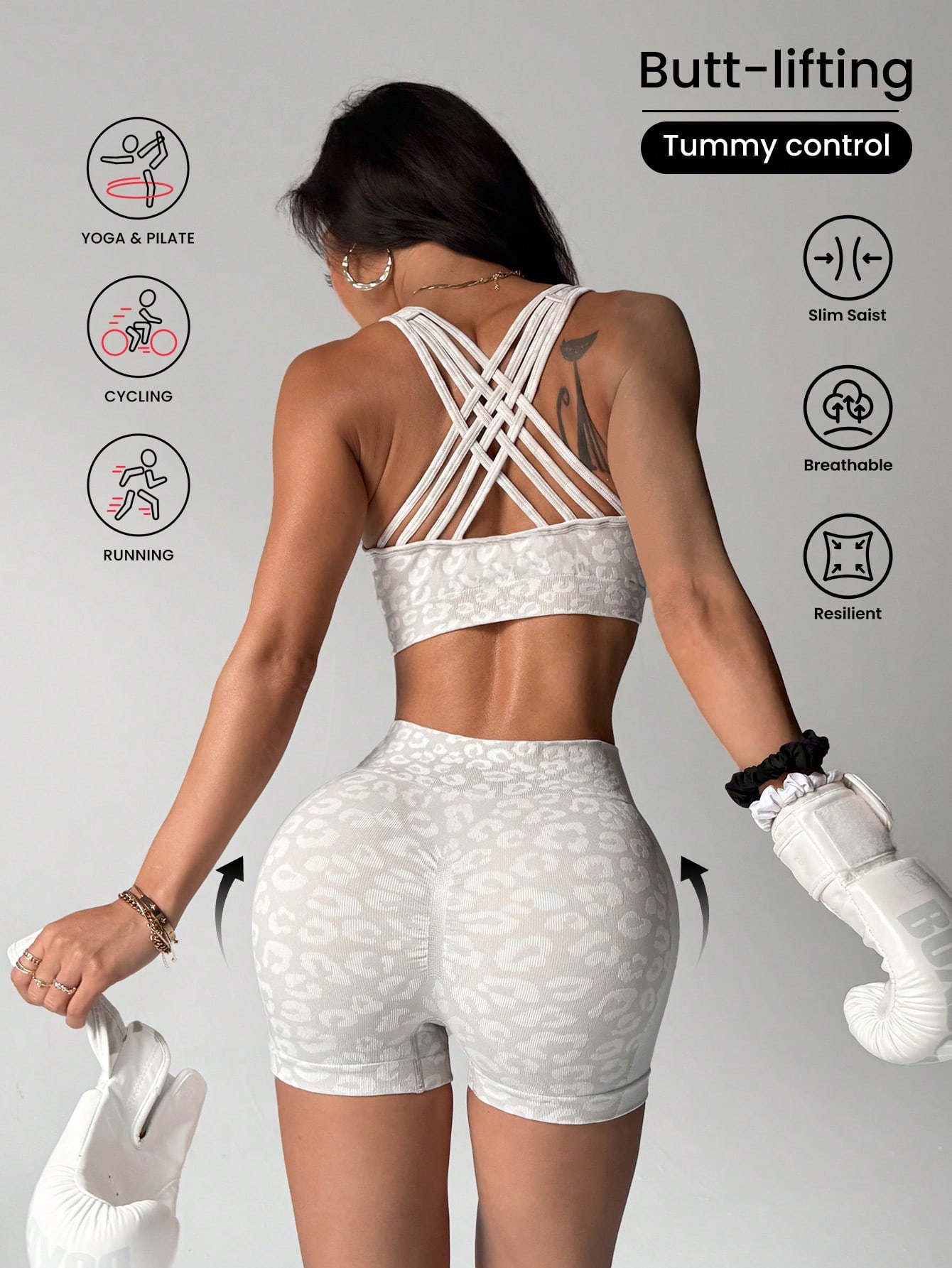 Pilates Yoga Gear - ハイウエストで腹部を包み込むレオパード柄のヨガセット（女性用）、ヒップアップ効果があり、外でも着用できるタイトフィットタイプ、ランニングピーチ