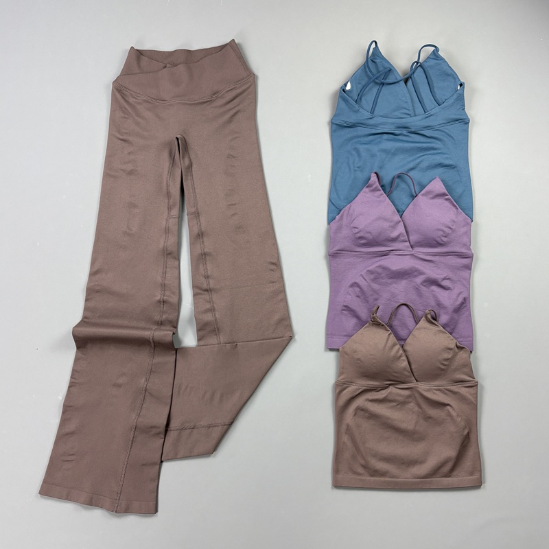 Pilates Yoga Wrap Top - 2ピース レディース シームレス ヨガ ワークアウトセット 薄型ストラップ