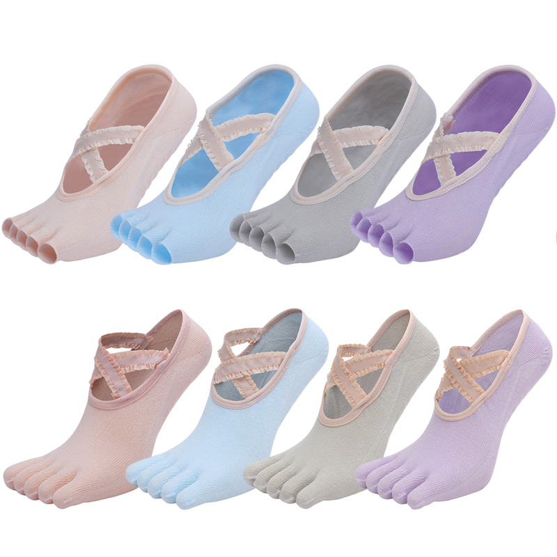 Pilates Yoga Grip Socks - 5本指のヨガソックス,レース,クロスストラップ,滑り止め,バレエ,コットン,ヒール