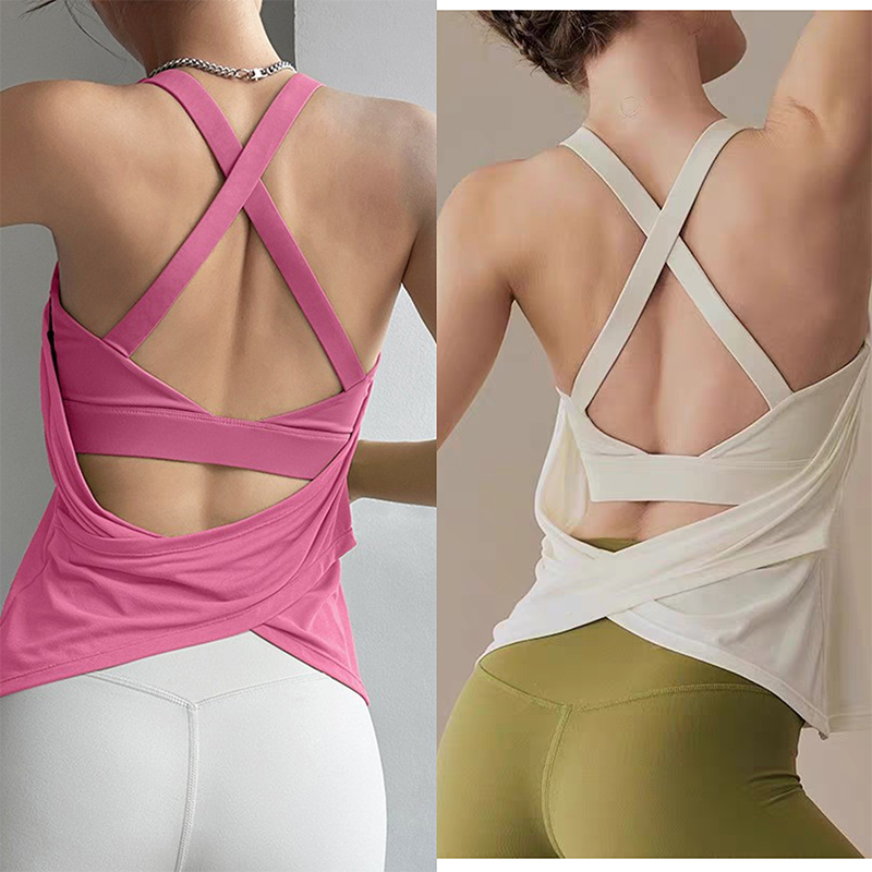 胸パッド付きツーピースヨガスーツ、フェイクベスト付きセクシー - Pilates Yoga Wrap Top のレビューと価格