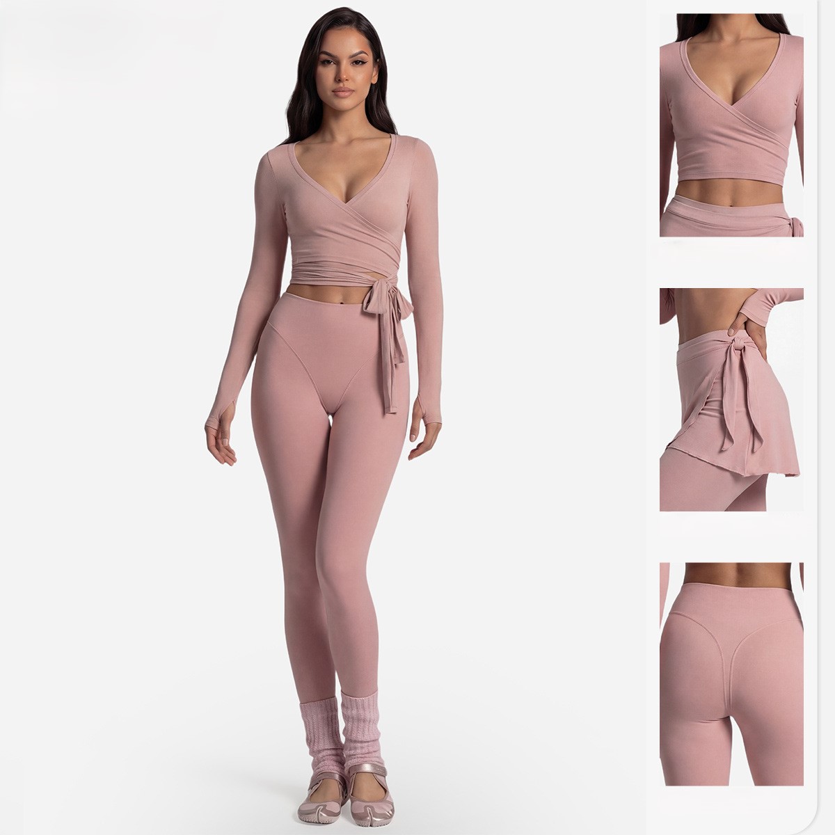 長袖ヨガトップクロスフロントバレエコアワークアウトセットタイ - Pilates Yoga Wrap Top のレビューと価格